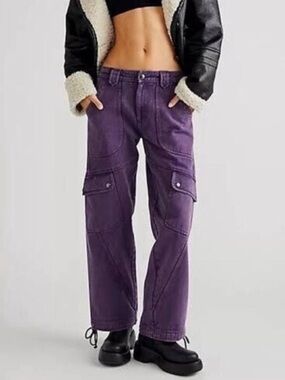Free People Plum/prune  Came And Ge It Cargo Wide-Leg Denim Pants